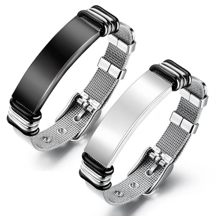 

Fashion Male Personalized Blank ID Tags Engraved Bracelet Silver Stainless Steel Custom Name Mesh Bracelet For Men, Silver;black