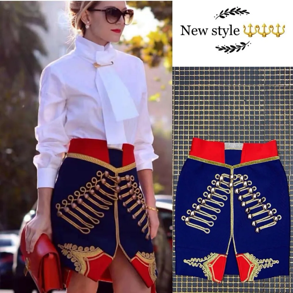 Top Quality Celebrity Button Blue Rayon Bandage Night Club Party Skirt