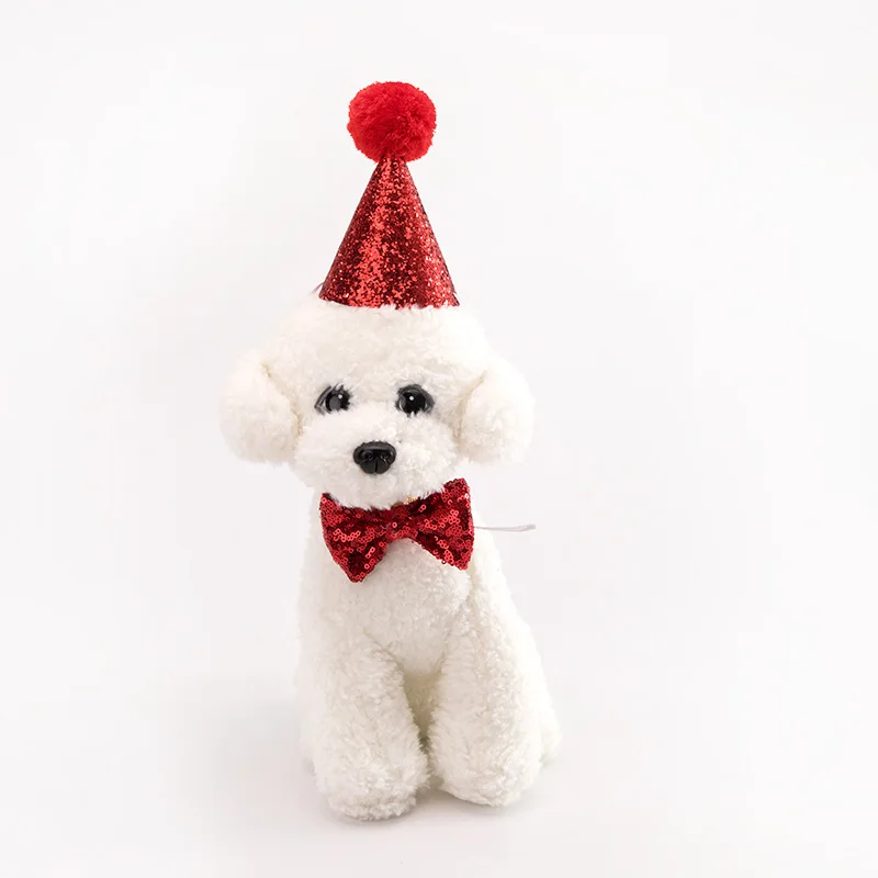 

2Pcs/set Pet Dogs Caps With Bowknot Cat Dog Birthday Costume Sequin Design Headwear Cap Hat Christmas Party, Pick, bule, red, white