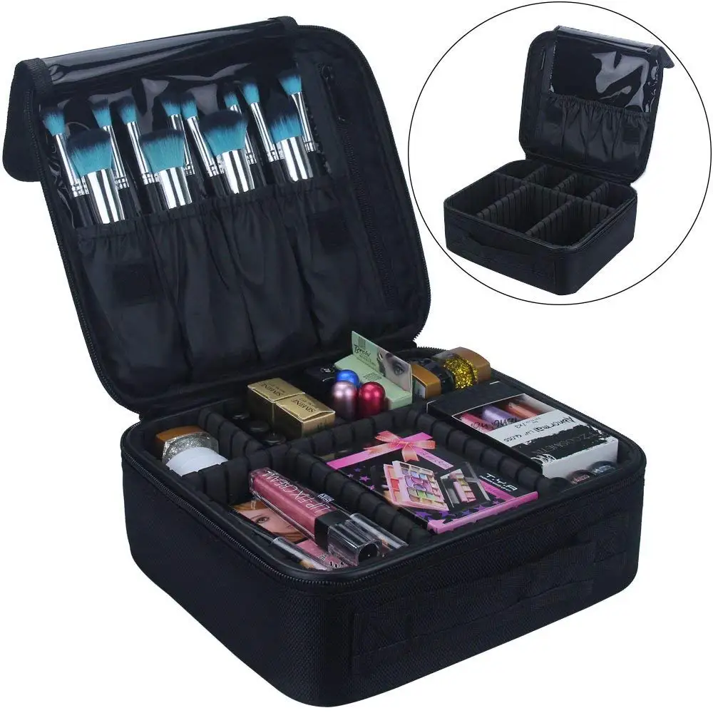 

Portable removeable compartment travel cosmetic bag makeup train case organizer