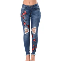 

708051 Latest High Quality Lady Denim Pants Fashion Elastic Custom Embroidered Stretch Ripped Jeans Women