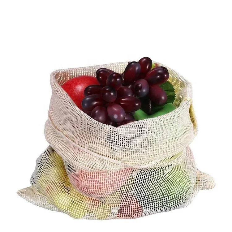 

Wholesale organic reusable drawstring vegetable fruit garlic grocery cotton mesh produce bag with custom logo, Beige