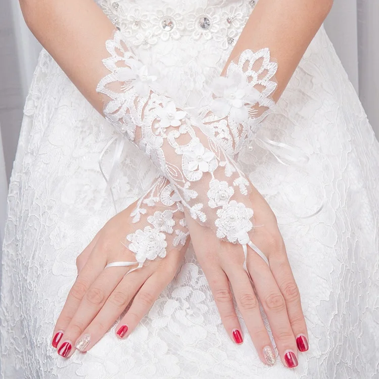 

Lady Formal Banquet Party Bride Lace Wedding Gloves Gift, White