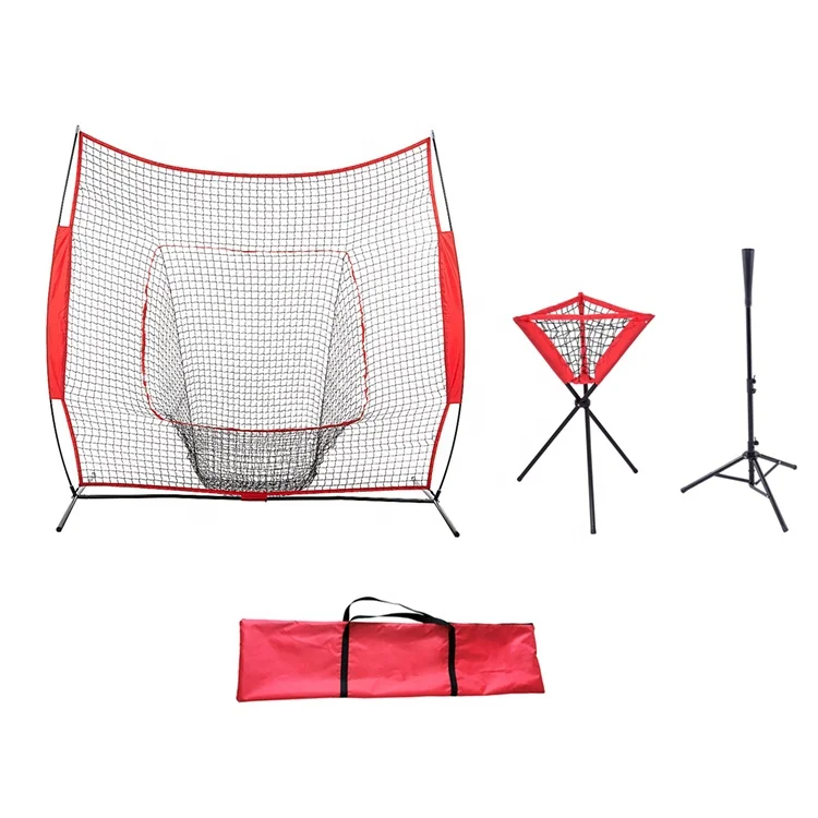 

High Quality 7FT Baseball Practice Hitting Net And Ball Caddy And Batting Tee Set, Red/black and customized