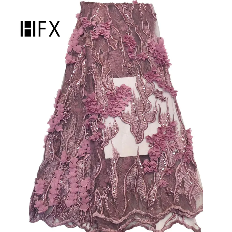 

HFX Latest Tulle Lace Luxury Handmade Beaded African Wedding Lace 3d Flowers Sequin French Lace Fabric, Onion