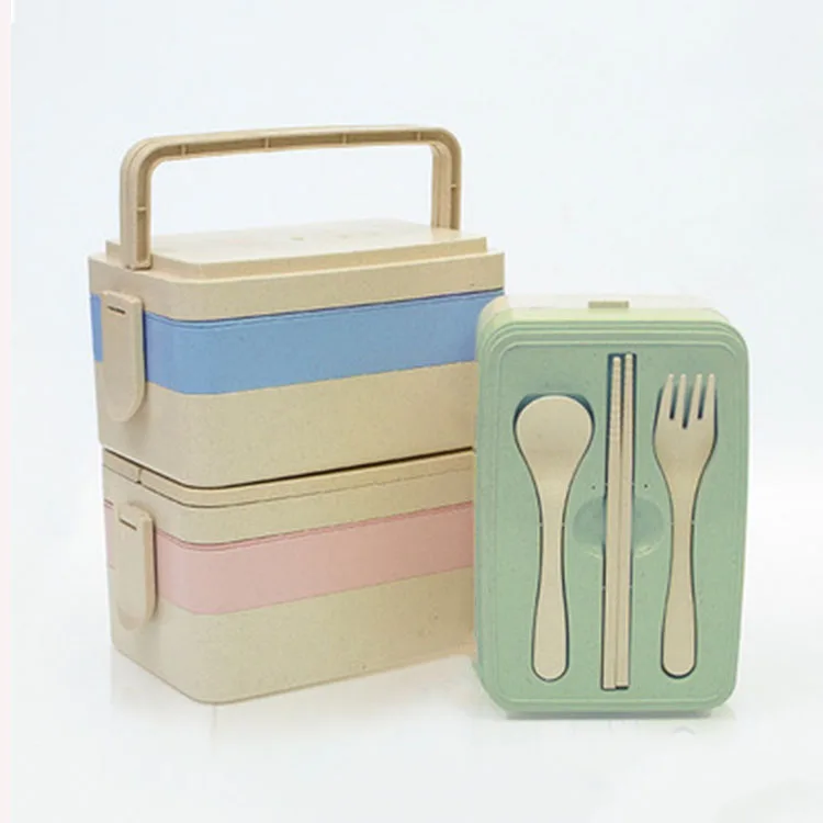 

2018 Amazon Hot Sale New Product Japanese 2 or 3 layers Student Portable Wheat Straw Lunch Box Tableware Set With Handle, Pink blue green