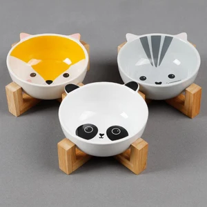 Image of Wholesale Dropshipping Ceramic Pet Bowl Bamboo Shelf Pet Dog Food Water Feeder