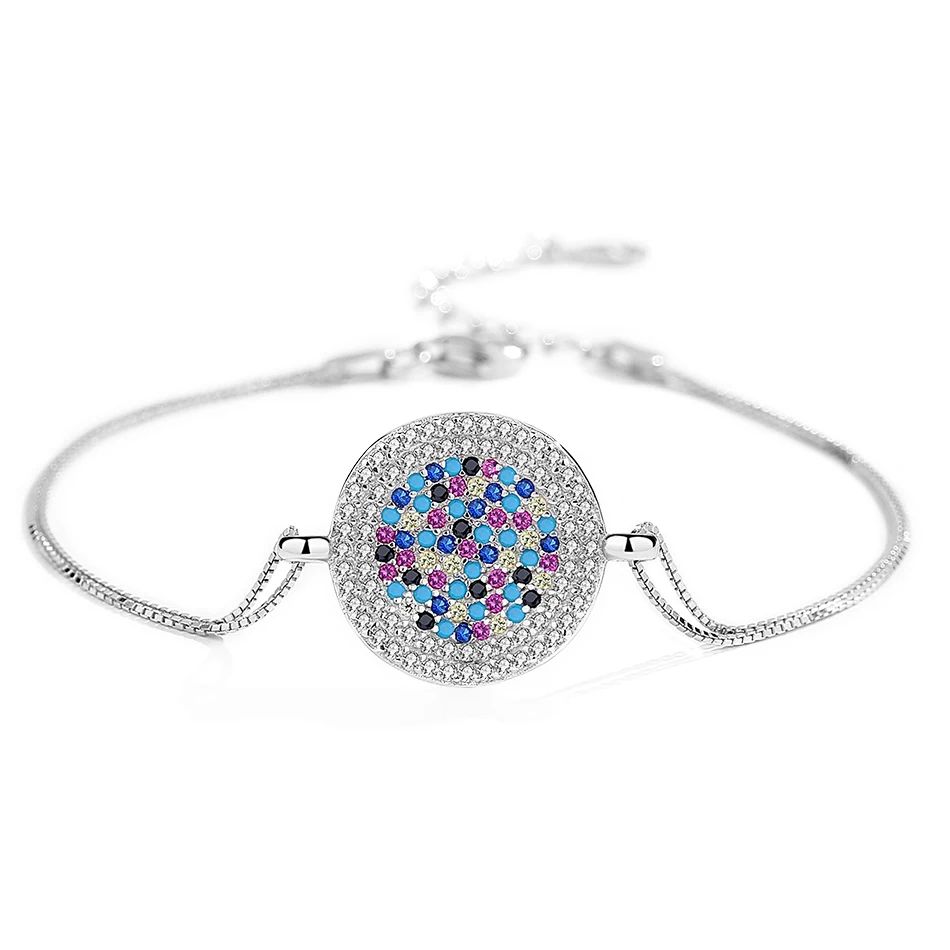 

Vintage 925 Sterling Silver Bracelet Colorful Rhinestone CZ Circle Charm Bracelets for Women Silver Fashion Jewelry