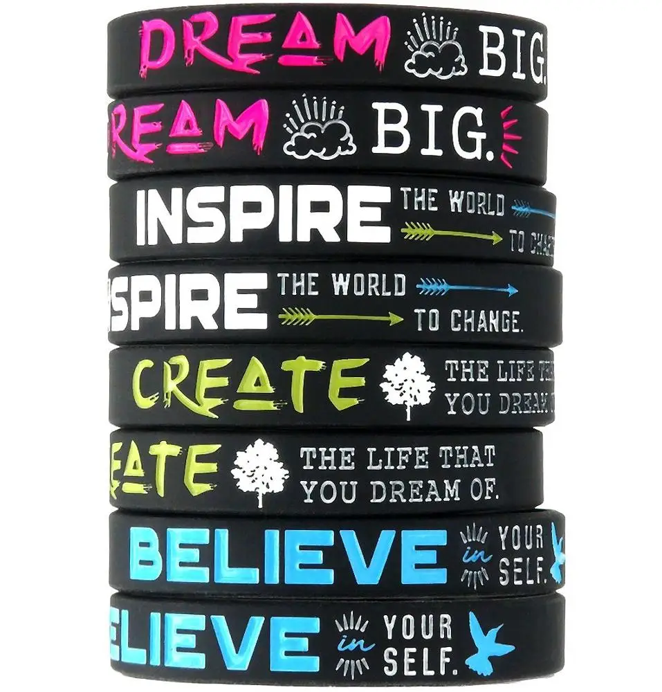 

Custom Dream, Believe, Inspire, Create Inspirational Bracelets, Adult kids Size - Set of 4 Rubber Silicone Wristbands, Pantone color