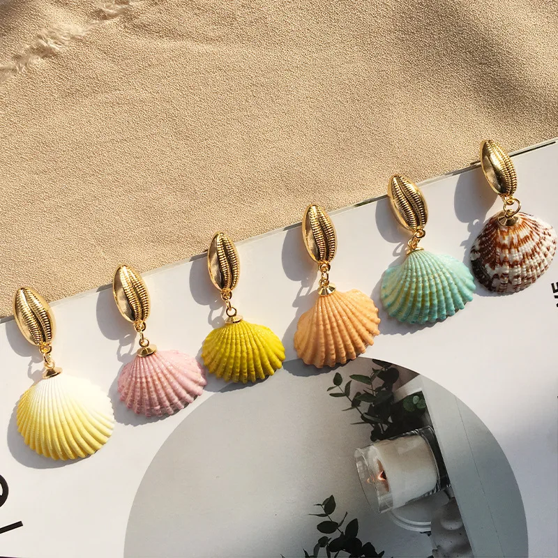 

colorful natural sea cowrie conch shell earrings beach shell dangle drop earring boho natural fan shell earrings women girls, Picture