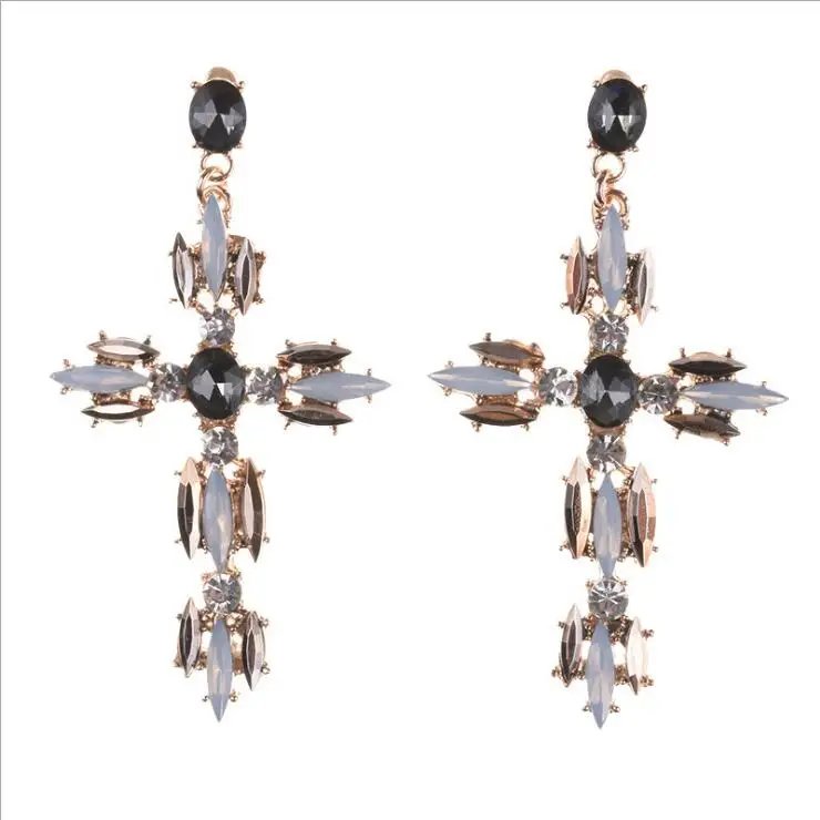 

EM1056 Trendy Boho Bohemian Large Long Sparkly Crystal Pave Cross Earrings