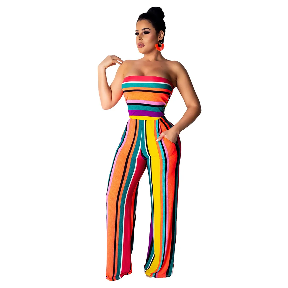 

European and American sexy color striped wrapped chest jumpsuit