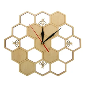 Image of Bees and Honeycomb Natural Wooden Wall Clock Hexagon Wall Art Wood Bee Honey Contemporary Clock Watch Home Living Room Decor