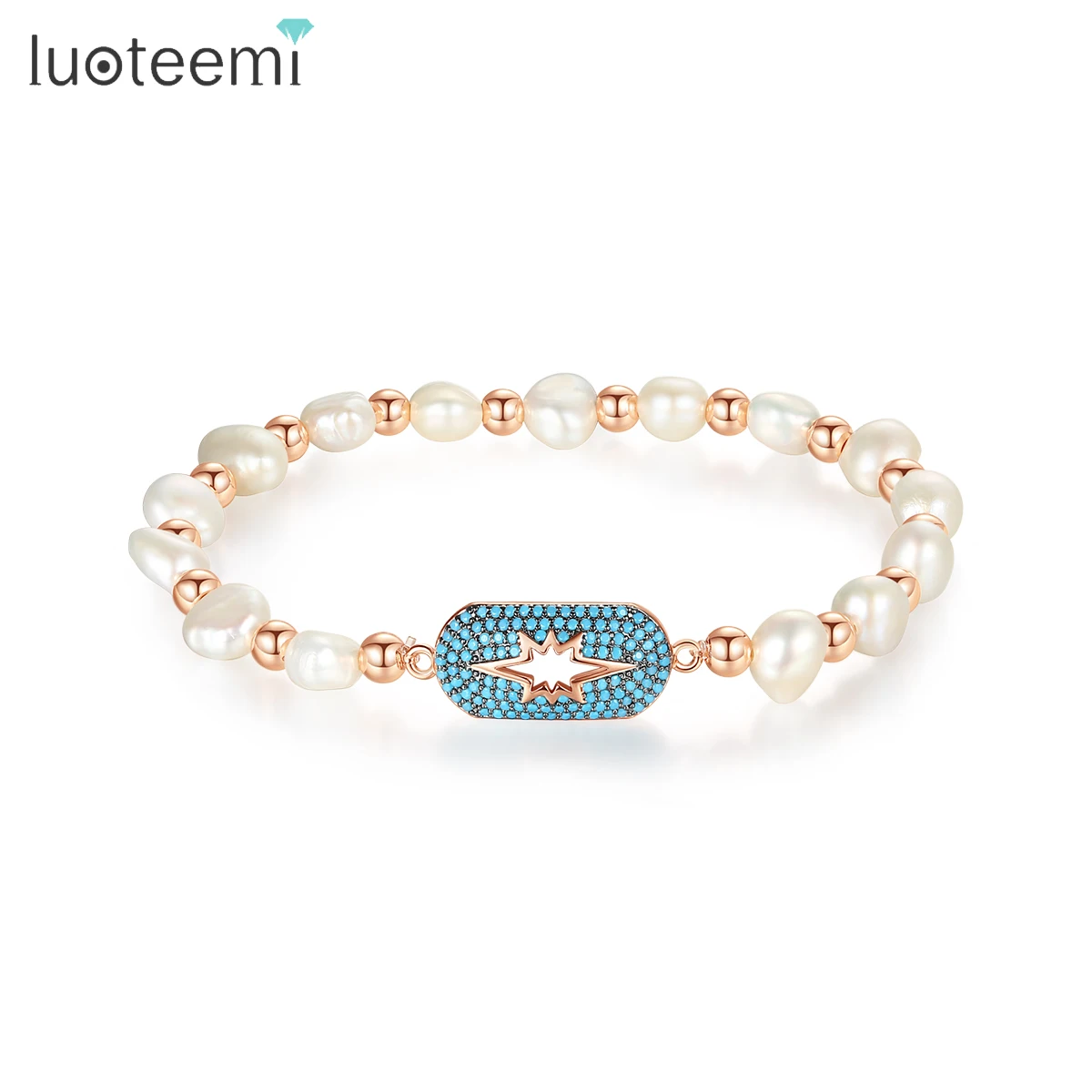 LUOTEEMI Turquoise CZ Hand  Part Charm Freshwater Cultured Pearl Rope Bracelet Women Jewelry