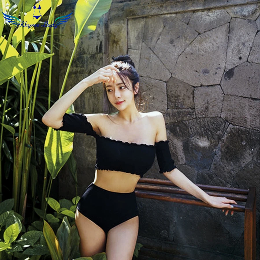 

Rhyme Lady OEM Wholesale Push-Up Bikinis Sexy Pleated Swimwear Off Shoulder High Elasticity High Waist Bikini For Women