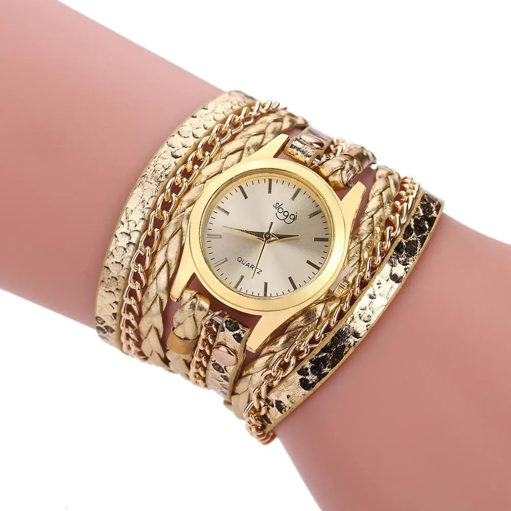 

Brand Quartz Watches Women Gold Geneva Bracelet Wristwatch Ladies Dress Woven Leopard Multi Layers Leather Strap Watch, As show
