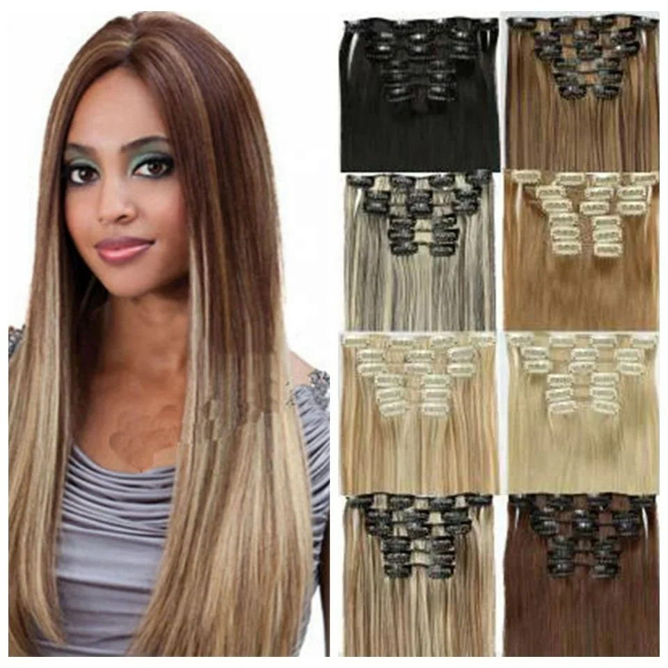 

Lightest Blonde Clip in hair extension 22 inches straight full head set of clip in synthetic clip hair extensions