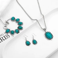 

Hot selling New ethnic style Turquoise necklace earrings bracelet set, fashion Flower pendant three-piece set jewelry for women/