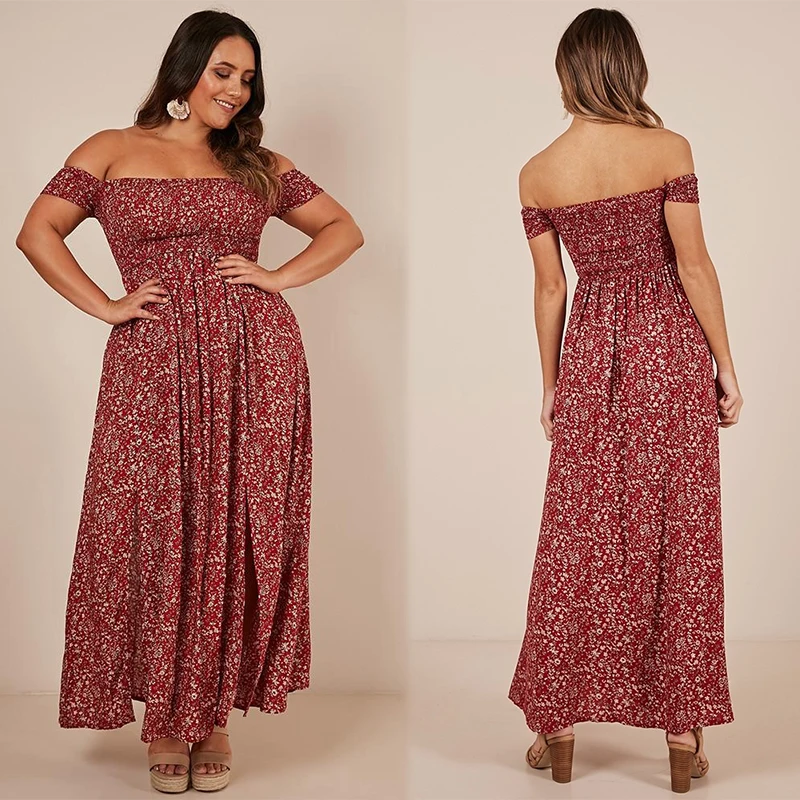 

Bohemian Casual Off Shoulder Maxi Dress Short Sleeve Plus Size Women Clothing Plus Size Dress, Customized