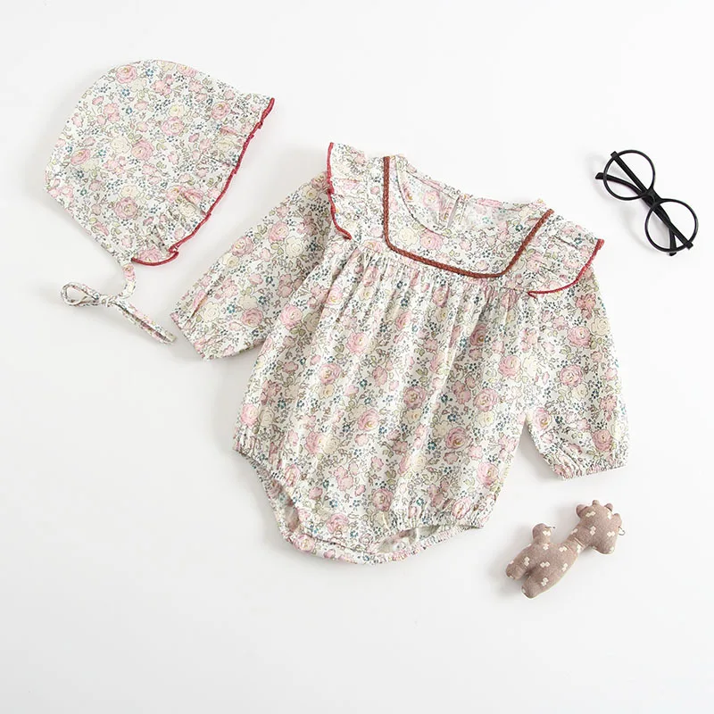 

2019 Infant Newborn Clothes Pretty Floral Cotton Baby Girl Romper With Hat, As shows