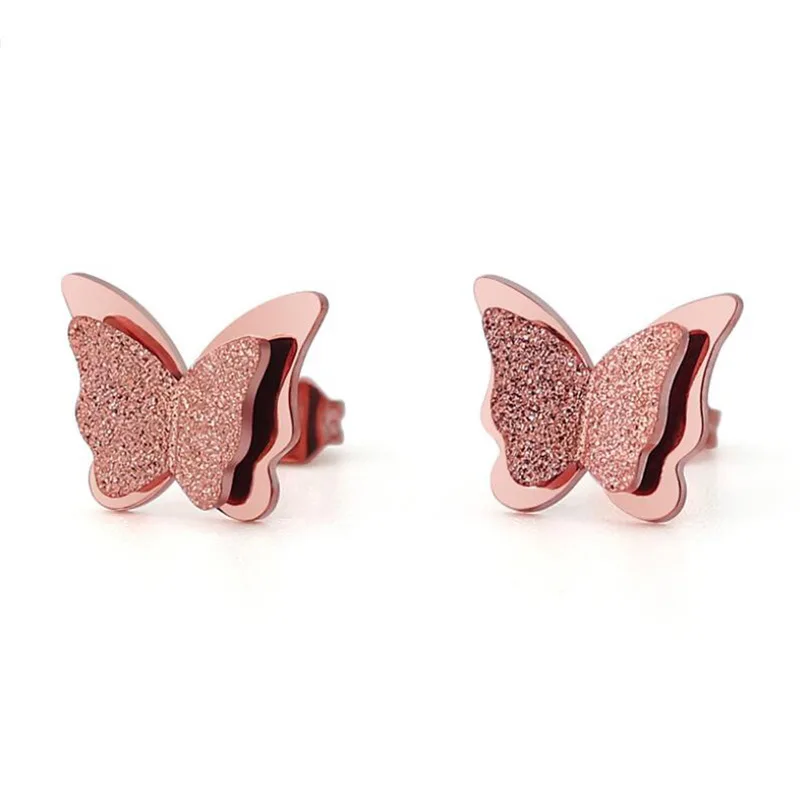

Rose Gold Color Stainless Steel Insect Earrings CZ Double Butterfly Stud Earrings, N/a