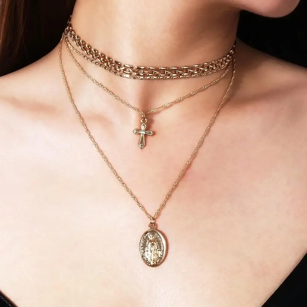 

Professional jewelry supplies gold color multi layer necklace cross jesus pendant necklace