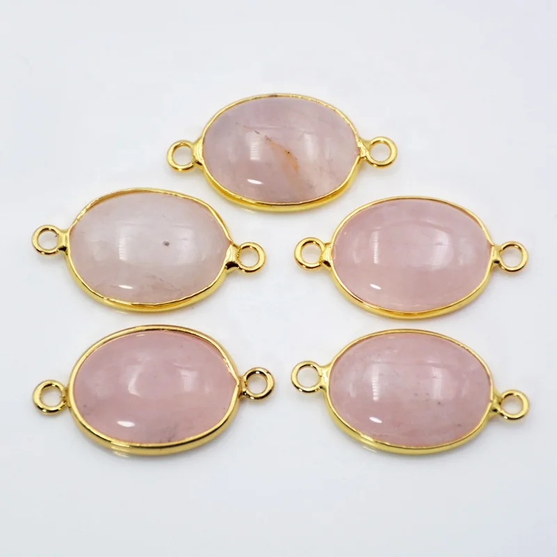 

Oval Shape Natural Rose Quartz Station Connector Pendant Gold Plated Double Loops Polish Rose Gemstone Charm Jewelry Bead, Pink