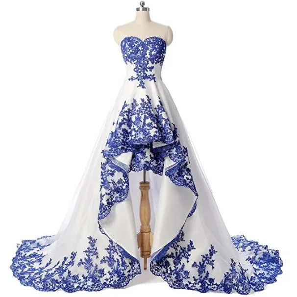 

Retro Grown Two Tone Royal Blue and White Short Front Long Tail Wedding Dress