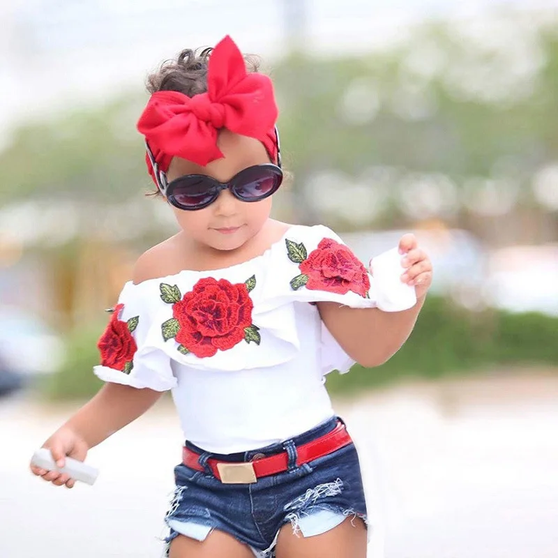 

Wholesale Girls Boutique One-shoulder white top+jean short set Children Girl print Rose fashion outfit, Picture