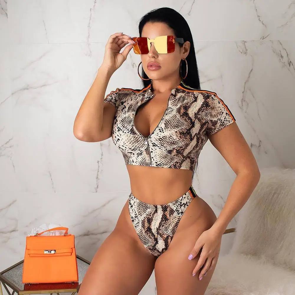

Snake Skin Print Swimwear Swimsuit Sexy Two Piece Set Summer Outfits Women Beachwear Crop Top Jacket And Shorts Sets Y11602