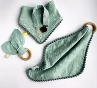 

100% Cotton Baby Muslin Bandana Drool Bibs Set Teething Blanket Teether Pacifier Chain Clip