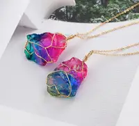 

Fashion Irregular Crystal Chakra Rainbow Natural Stone Pendant Necklace Chain Quartz Wire Wrapping For Women Unique Jewelry Gift