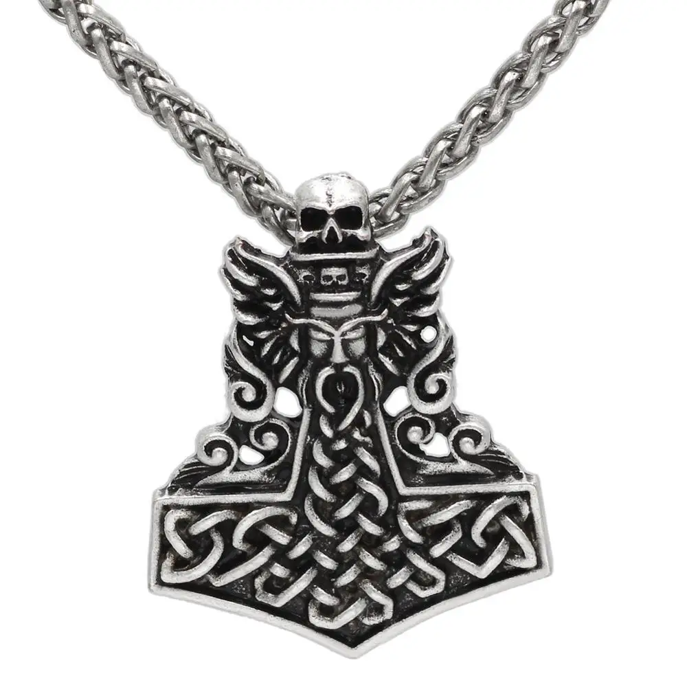 

Viking Odin Knot Hammer Skull Pendants Necklace Protect Talisman Men Jewelry, Antique silver