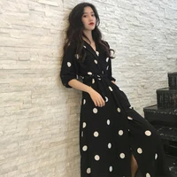 

Summer Women's Dress Korean Style Fashion V-neck Ladies Long Dress Casual Half Sleeve Dot Dress Female New 2019