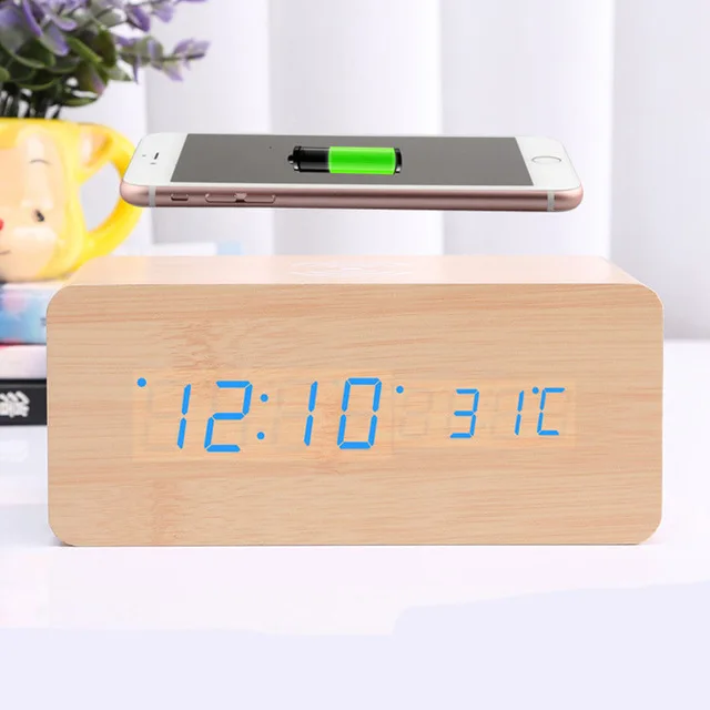 

LED Display Alarm Clock Cheap Small Indoor Room Desktop LED Digital Temperature Clock With Wireless Charger, White;black;red;bamboo