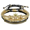 Hot Sales Luxury 3Pcs/set Men 18K Gold Plated Brass Copper Beads Micro Paved Cubic Zirconia CZ Crown Balls Braided Macrame Brace