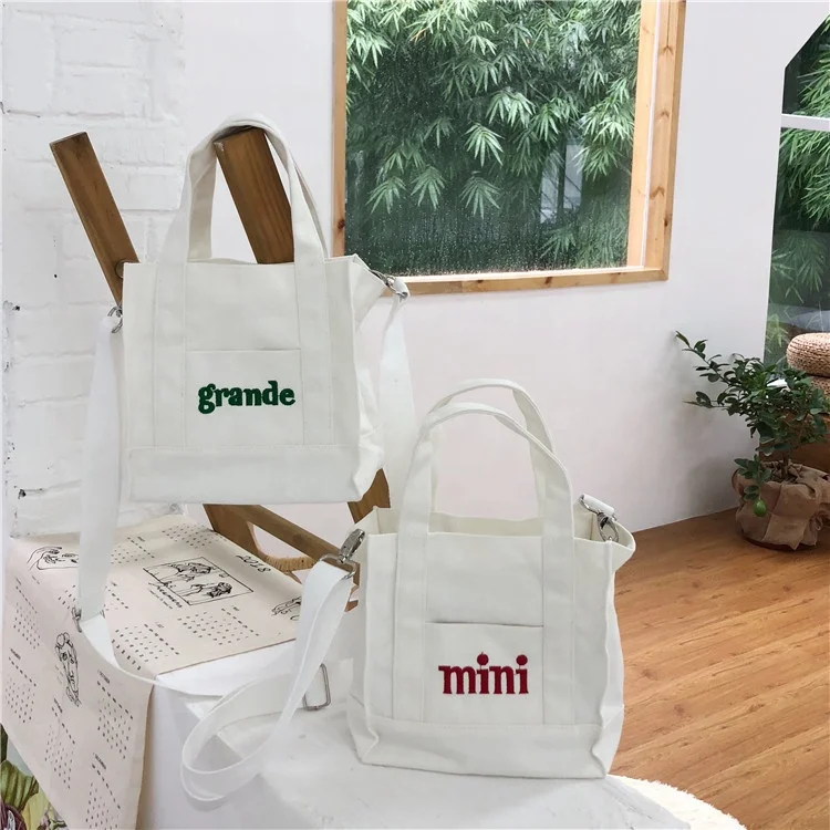 

Korean version of the girl canvas shoulder bag student diagonal small tote bag with custom printed logo, White