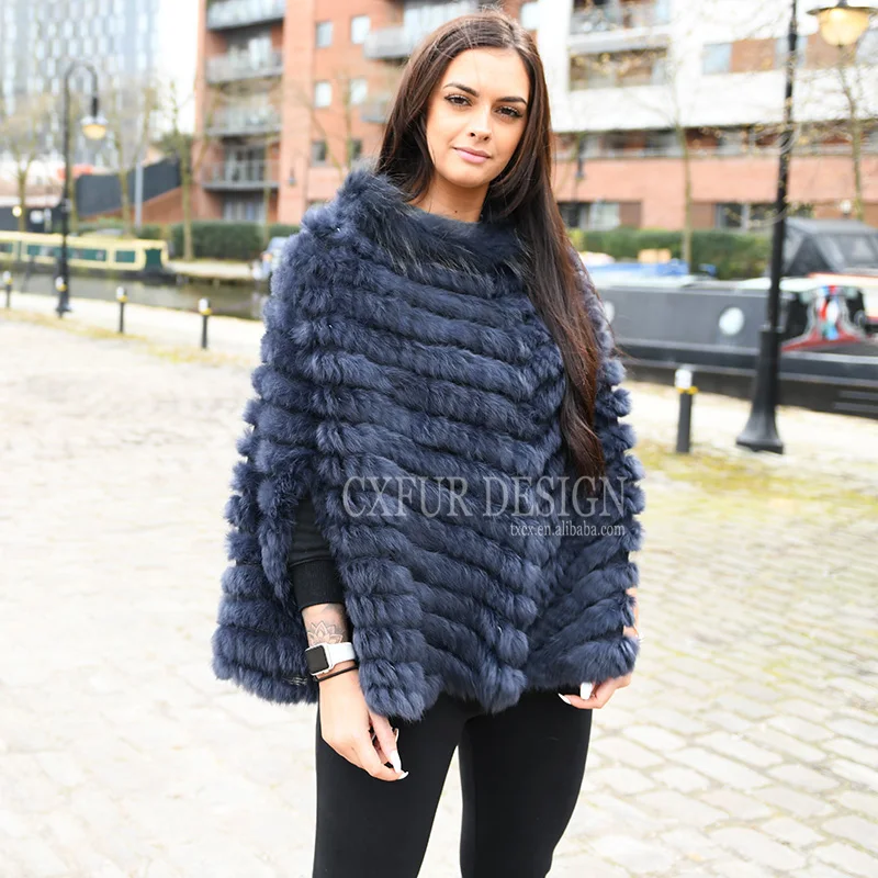 

CX-B-107A Hand Knitted Raccoon Fur Trim Ladies Fashion Rabbit Fur Shawl