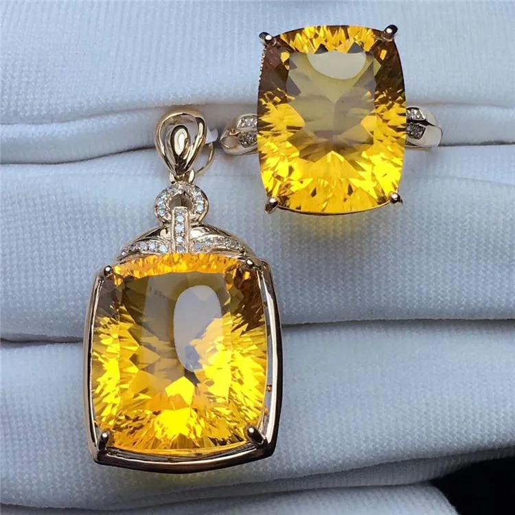 

18k gold South Africa real diamond natural yellow citrine necklace pendant ring jewelry set for women