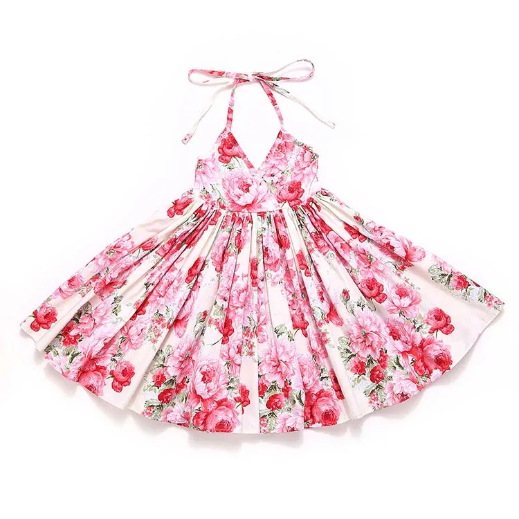 

China Manufacturer Kids Flower Print Clothes Daily Dress Sleeveless Pink Girls Cotton Casual Dresses