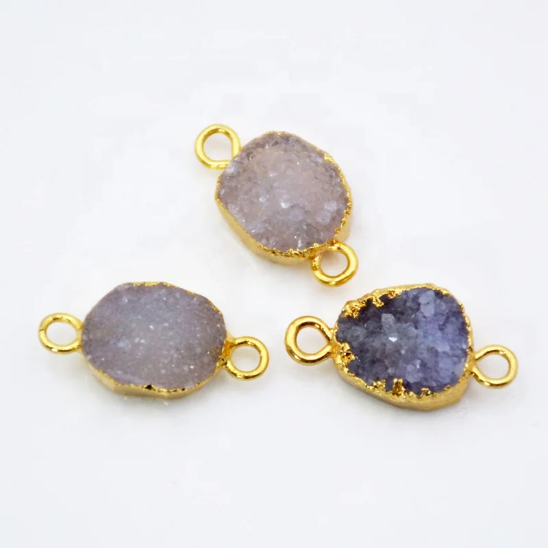 

Gold Plated freeform Natural Color Agate Druzy Geode Connector Double Loops Sparkle Drusy Crystals Stone Bead Jewelry Charm, White druzy connector