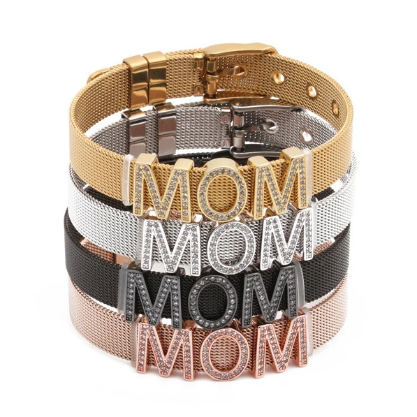 

Wholesale custom adjustable inspirational DIY stainless steel string alphabet letter charm mesh bracelet