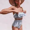 2019 Aliexpress Latest Fashion Sexy Women Solid Color One Word Collar Ruffles High Waist Two Piece Swimsuit