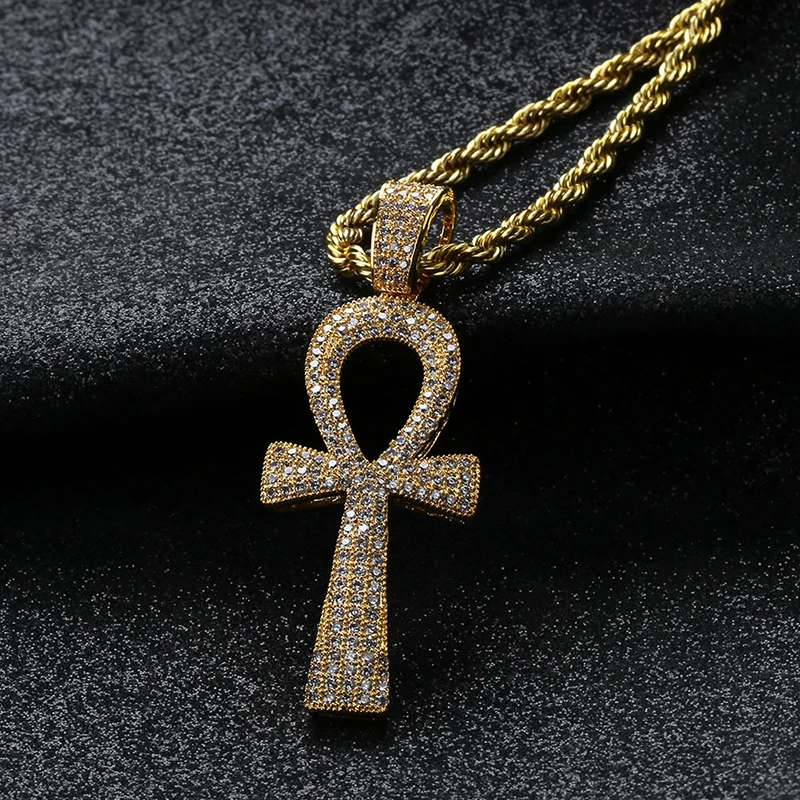 

Hip Hop Ankh Cross Pendant Necklace Copper Gold Plated Micro Paved AAA CZ Stone Egyptian Key of Life Pendant Necklace (SK214), As picture