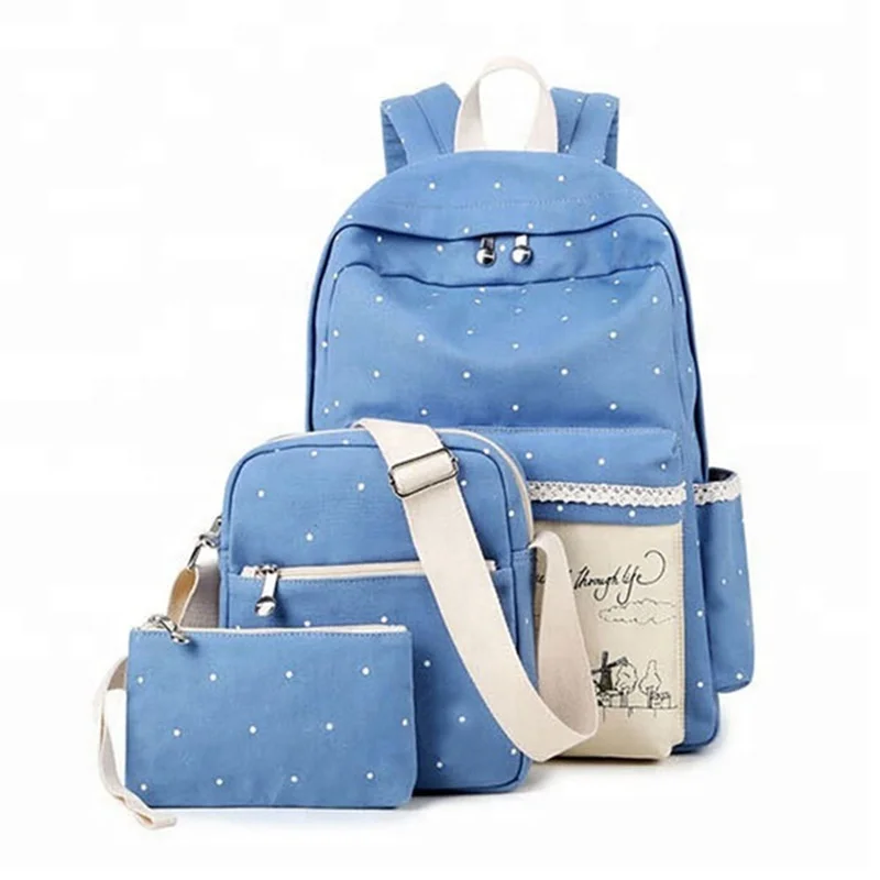 

2019NEW Canvas School backpack 3set Polka Dot Kids School Bag with Insulated Lunch Box and Pen Bag, Customized color