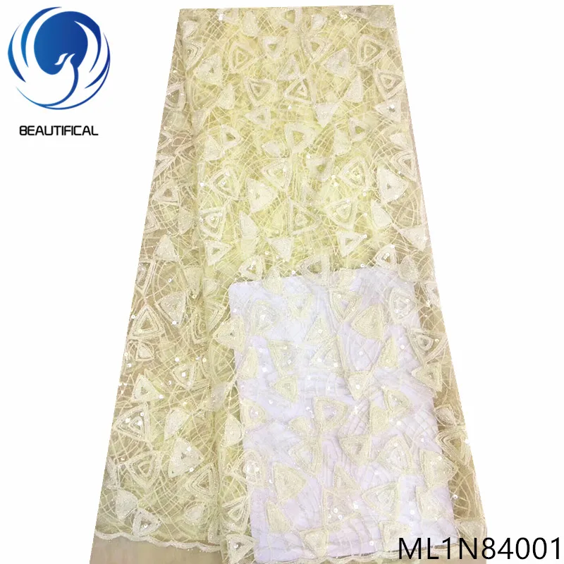 

Beautifical bright tulle net fabric sequins yellow lady clothing soft shinning wedding lace ML1N840, Can be customized