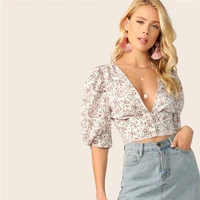 

Bohemian Retro Ditsy Floral Plunging Neck Buttoned Crop Top Shirred Blouse Women Summer Puff Sleeve Fitted Vintage Blouses