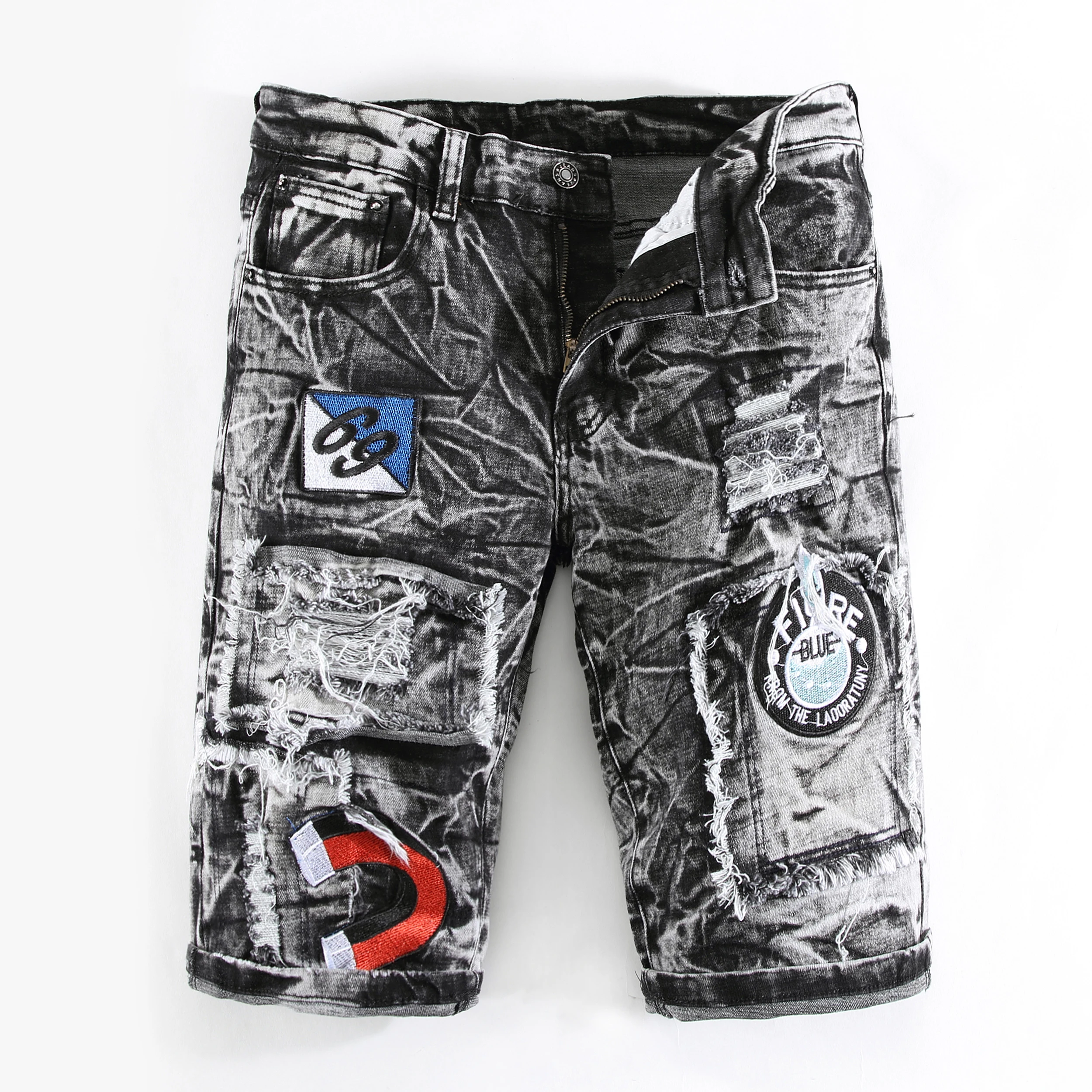 

High Street Men's Jeans Straight Bottom Embroidered Shorts New Style, Gray or blue