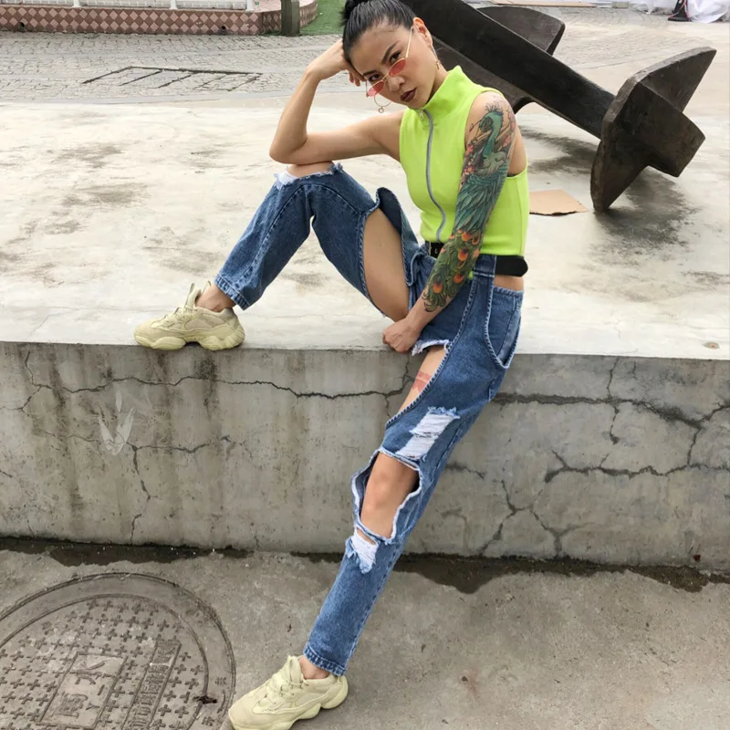 

2019Thai popular logo holiday two pieces women's jeans women's fashion street hollowed-out wear high waist washed trousers