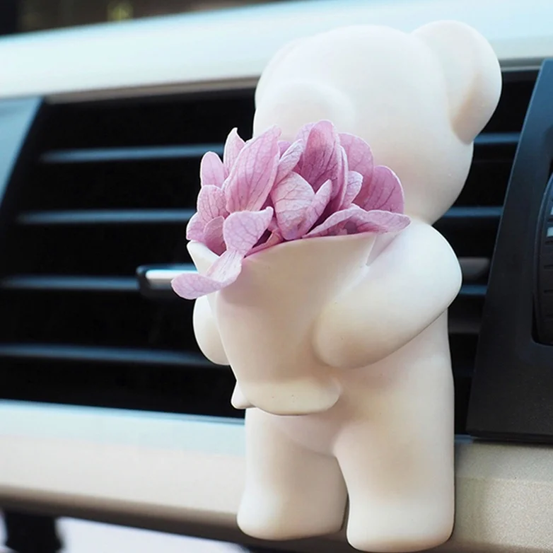 

Bucket Cute Bear Shaped Car Vent Clip Ceramic Flower Aroma Stone Diffuser Air Freshener, White